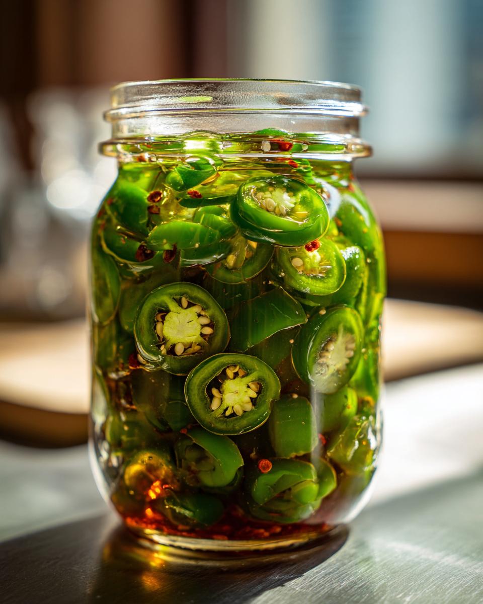 Close-up of a glass jar filled with sliced candied jalapenos in a sweet brine.