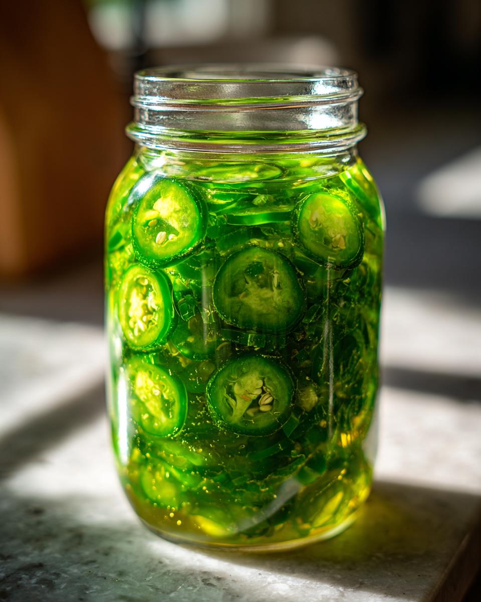 Close-up of a glass jar filled with vibrant green candied jalapenos submerged in a clear liquid.