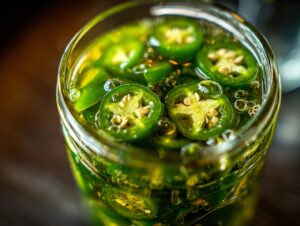 Close-up of sliced candied jalapenos submerged in a sweet syrup in a glass jar.