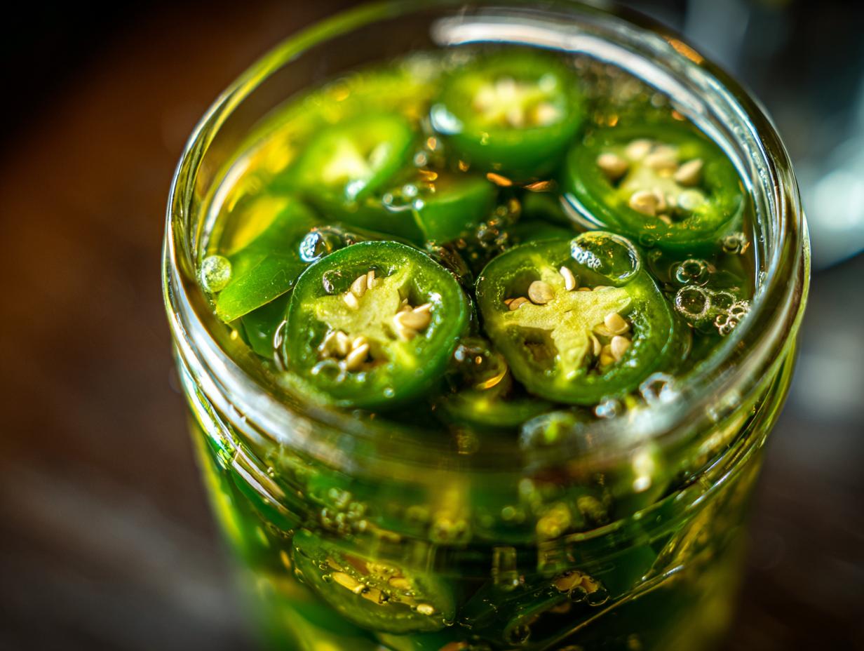 Close-up of sliced candied jalapenos submerged in a sweet syrup in a glass jar.