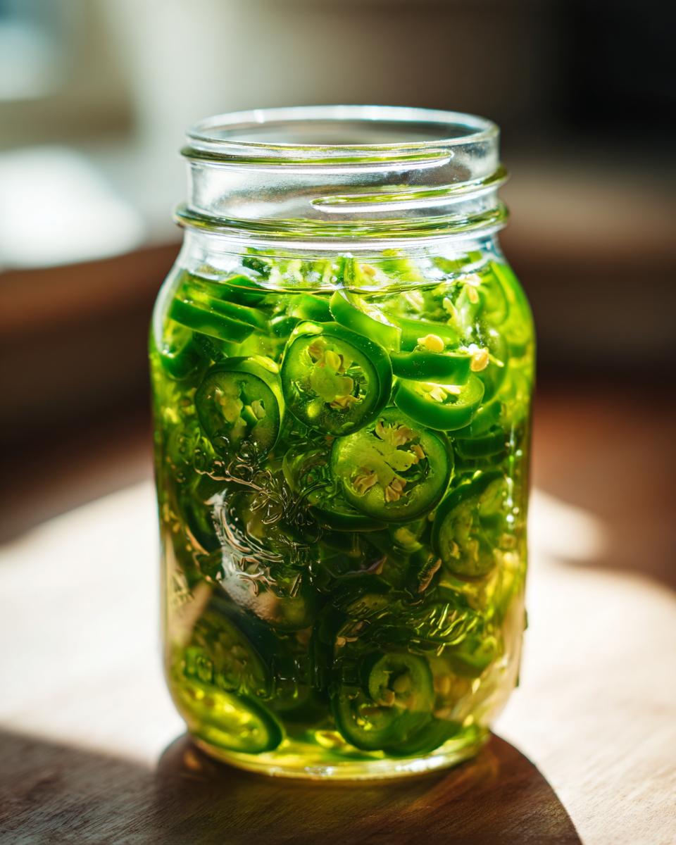Close-up of a glass jar filled with sliced candied jalapenos in a bright, syrupy liquid.