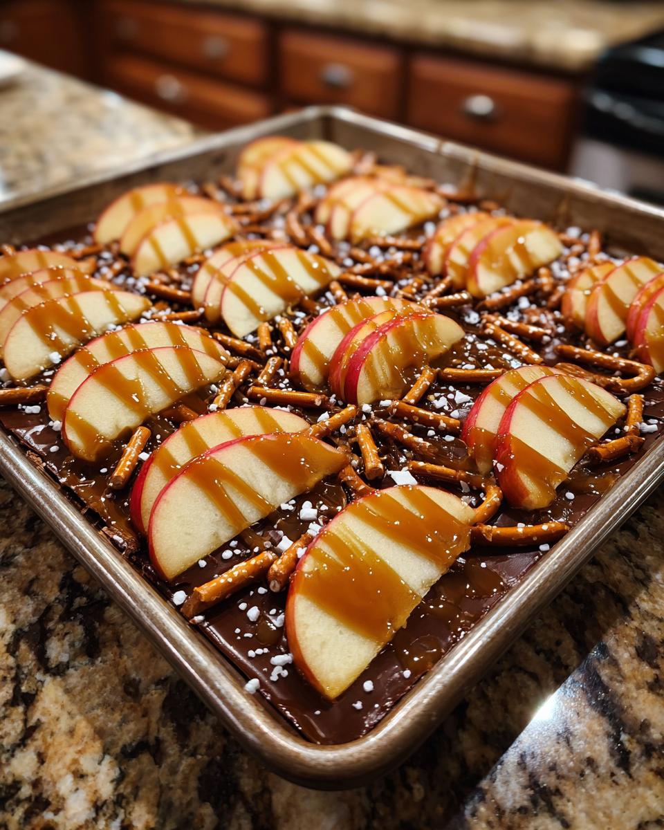 Close-up of delicious caramel apple bark on a baking sheet, topped with apple slices, pretzels, and caramel drizzle.