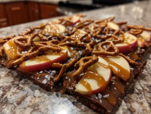 Close-up of homemade caramel apple bark topped with fresh apple slices, pretzels, and a drizzle of caramel sauce.