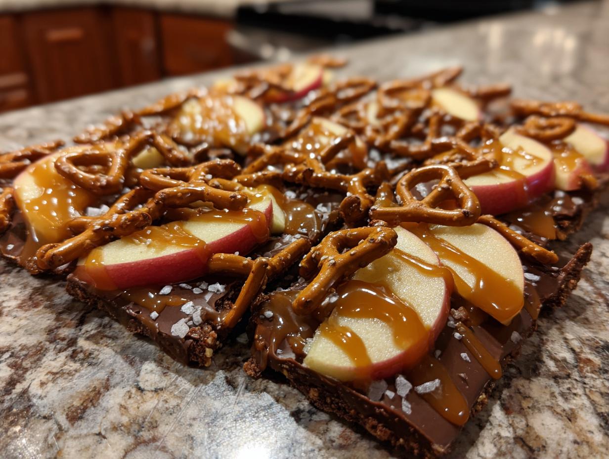 Close-up of homemade caramel apple bark topped with fresh apple slices, pretzels, and a drizzle of caramel sauce.