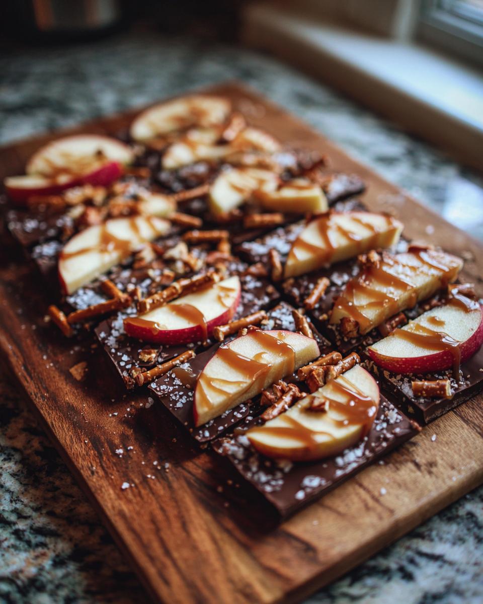Close-up of chocolate caramel apple bark slices topped with fresh apple slices, pretzels, and caramel drizzle.