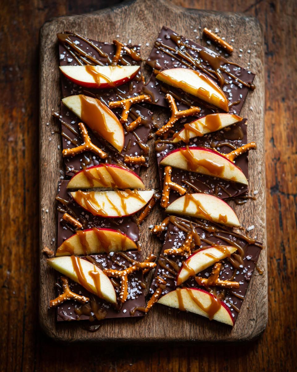 Close-up of delicious caramel apple bark pieces topped with apple slices, pretzels, and drizzled caramel.