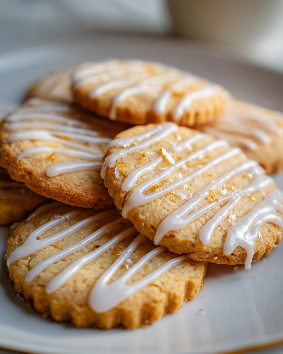Close-up of cardamom shortbread cookies drizzled with white glaze and sprinkled with sugar.
