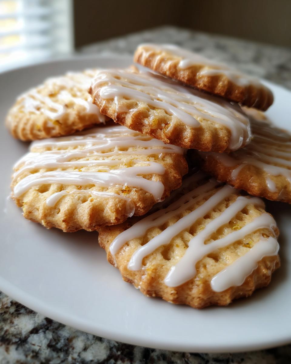 A pile of golden cardamom shortbread cookies drizzled with white icing, some with visible orange zest.