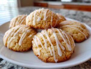 Close-up of cardamom shortbread cookies drizzled with white glaze and zest.