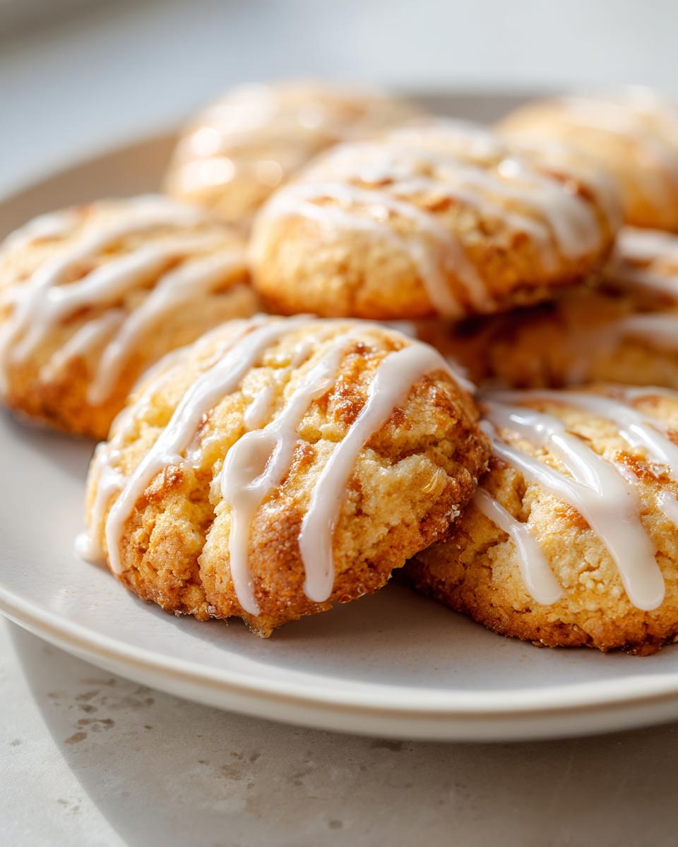 Close-up of delicious cardamom shortbread cookies drizzled with a white glaze on a plate.