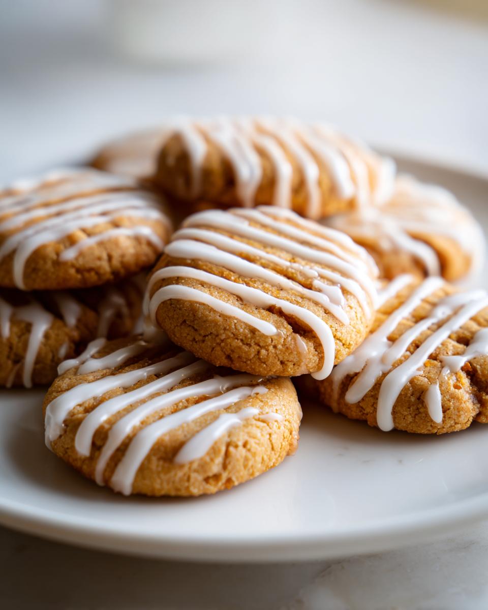 A close-up of a stack of cardamom shortbread cookies drizzled with white icing.