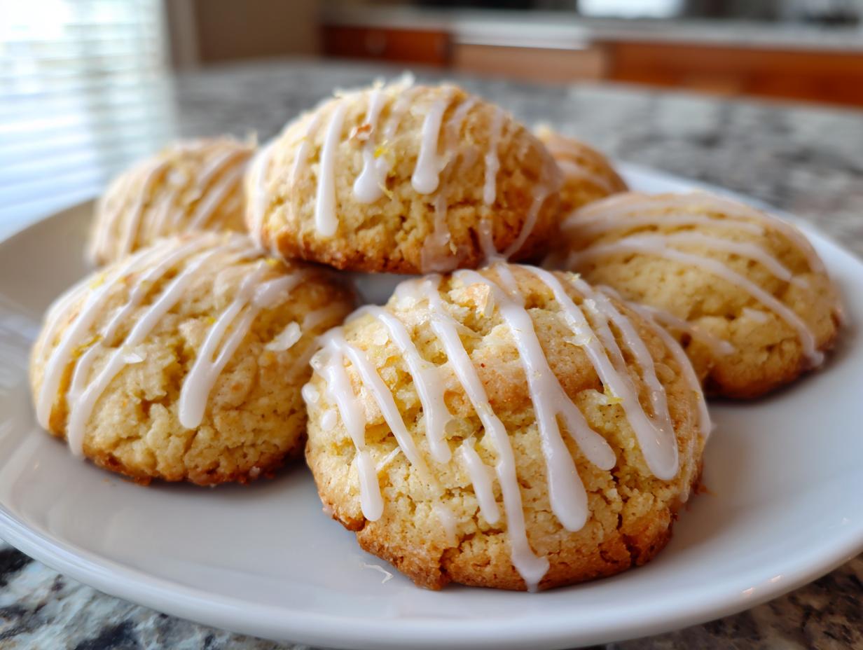 Close-up of cardamom shortbread cookies drizzled with white glaze and zest.