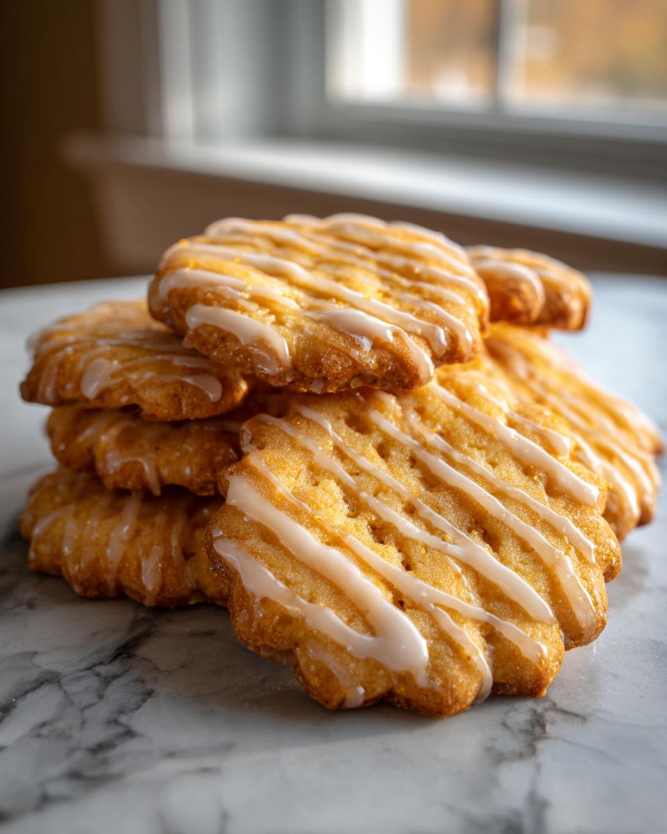 A stack of golden-brown cardamom shortbread cookies drizzled with a delicate orange glaze.