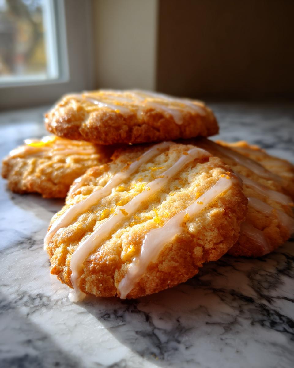 Close-up of melt-in-your-mouth Cardamom shortbread cookies with a delicate orange glaze drizzled on top.