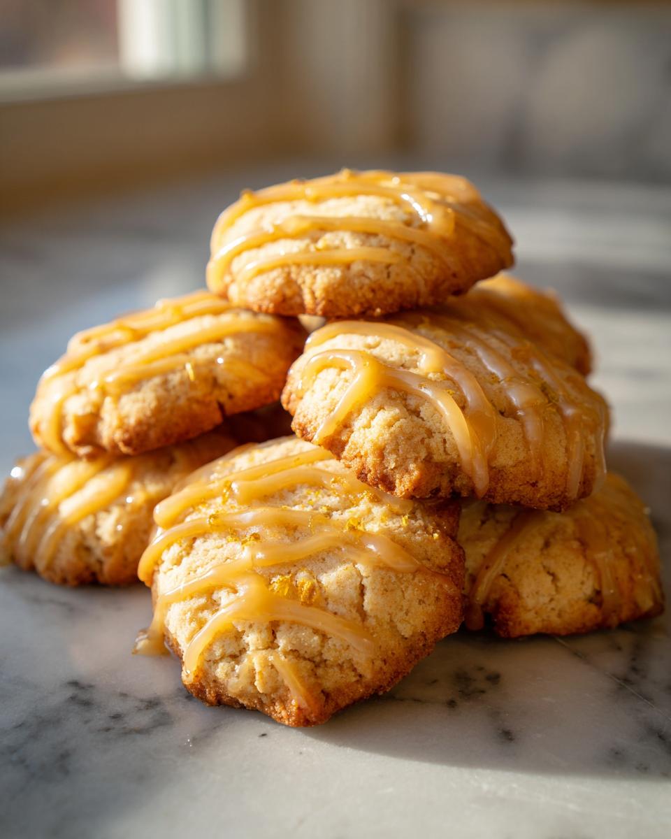 Stack of cardamom shortbread cookies drizzled with orange glaze and topped with orange zest.