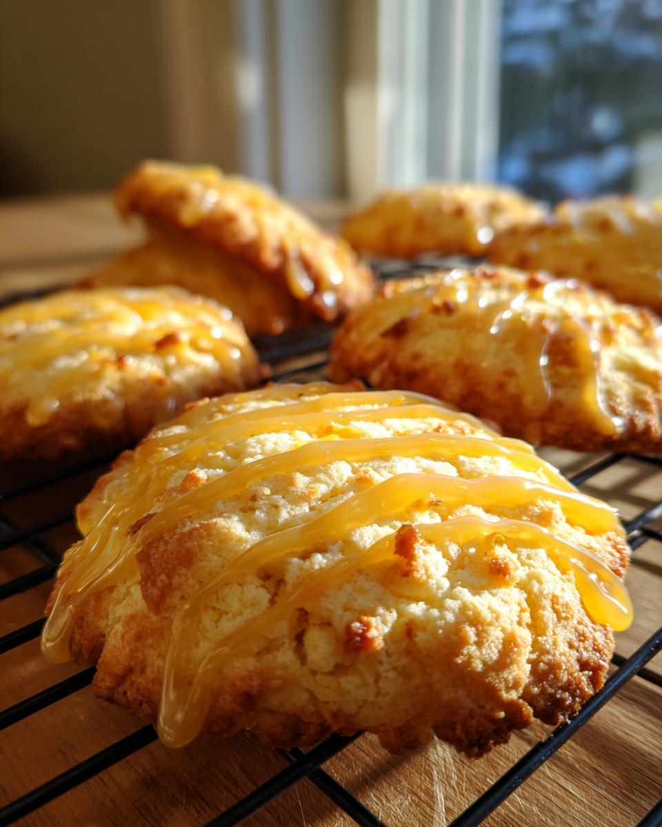 Close-up of golden brown cardamom shortbread cookies drizzled with orange glaze on a cooling rack.