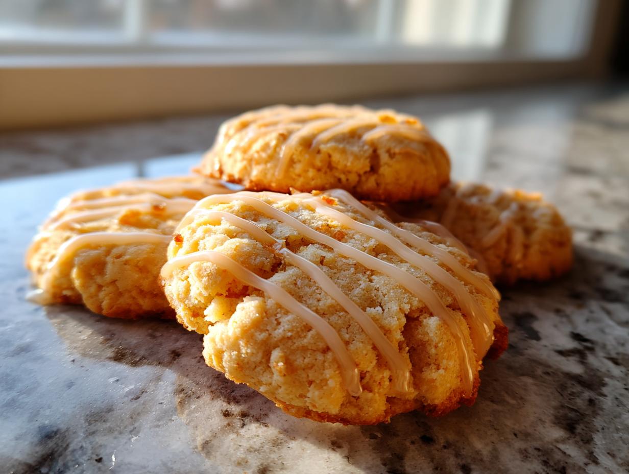 Close-up of cardamom shortbread cookies with a delicate orange glaze drizzled on top.