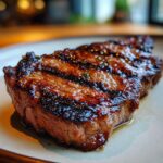 A perfectly grilled steak, likely prepared with carne asada marinade, showcasing beautiful grill marks and a juicy texture.