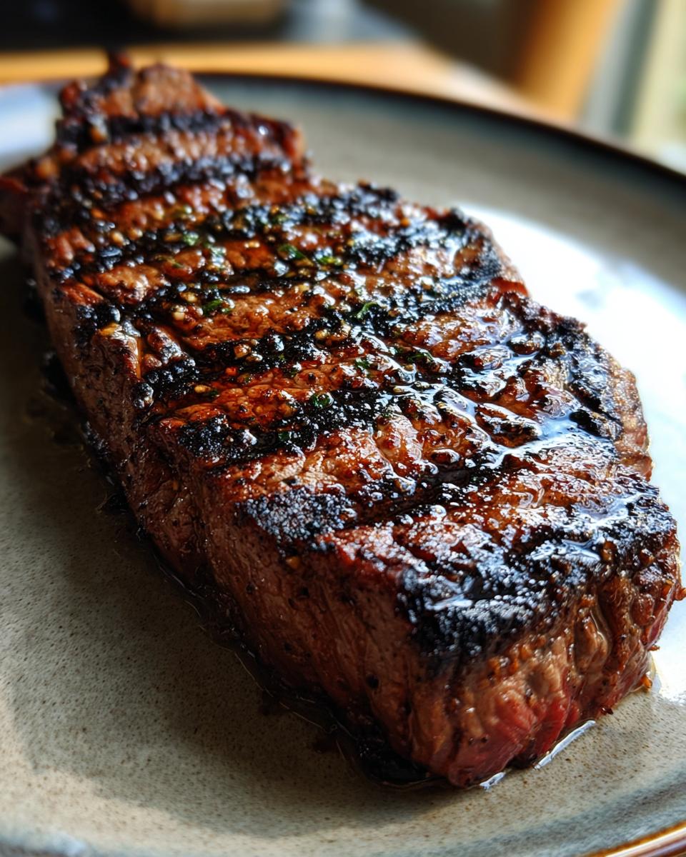 Close-up of a perfectly grilled steak with char marks, coated in a glistening carne asada marinade.