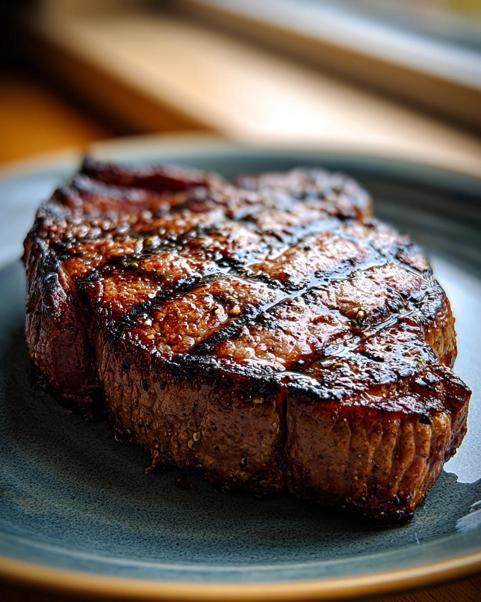 A perfectly grilled steak, showcasing the results of a delicious carne asada marinade, with visible grill marks and a juicy texture.
