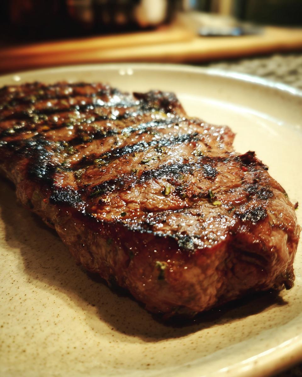 A perfectly grilled steak with visible grill marks, seasoned with herbs, ready to be served. This is the result of our amazing carne asada marinade.