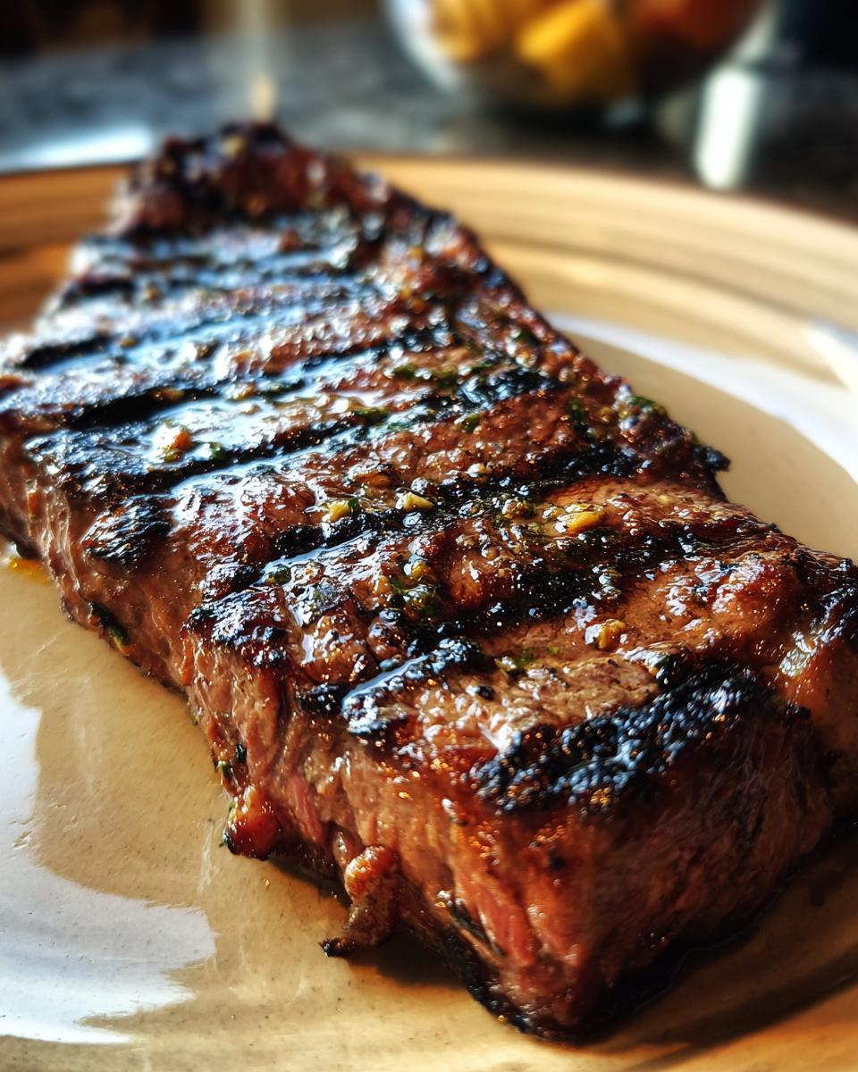 A close-up of a perfectly grilled carne asada steak, glistening with marinade and grill marks.
