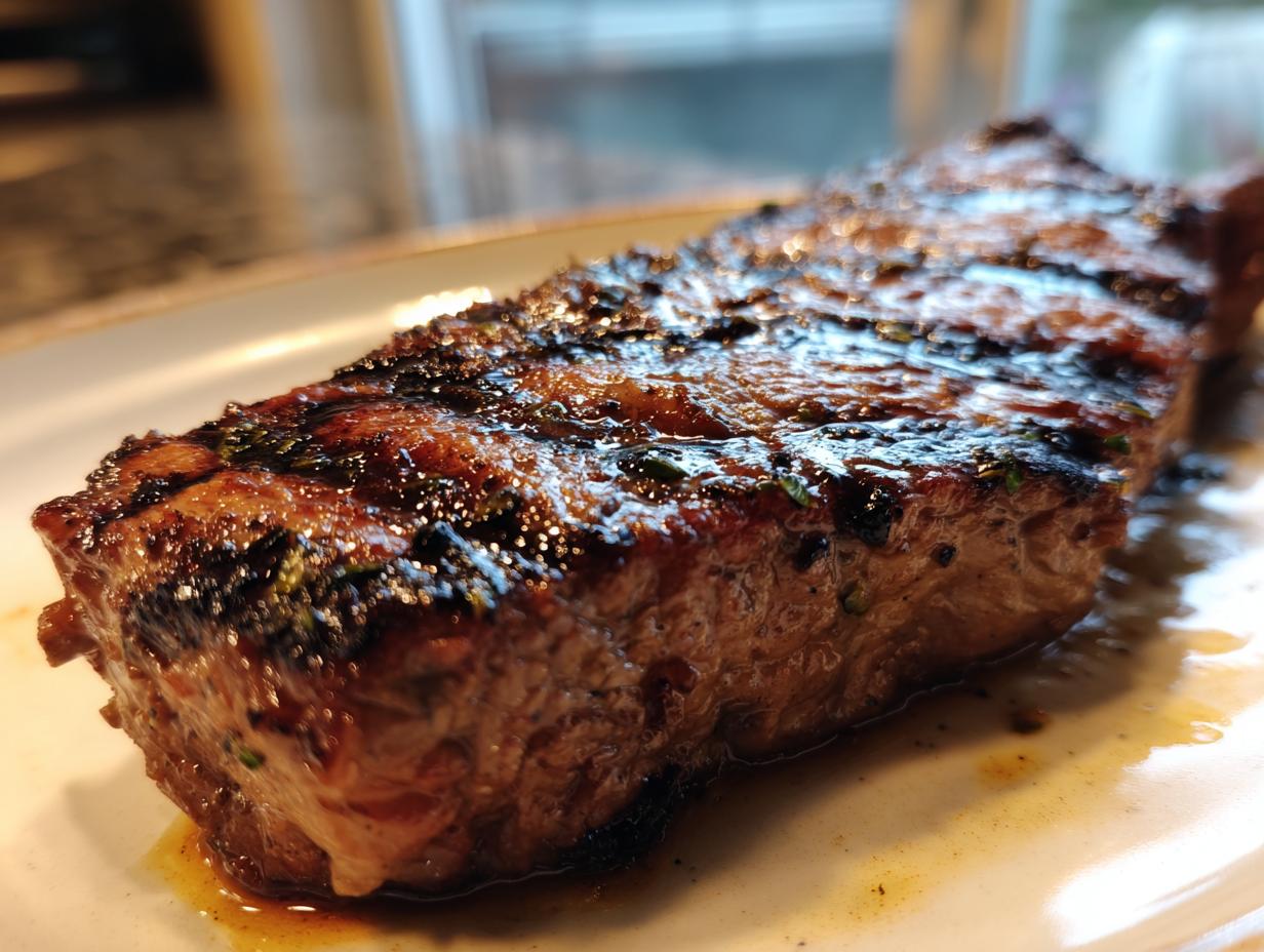Close-up of a perfectly grilled steak, glistening with juices, showcasing the results of a delicious carne asada marinade.