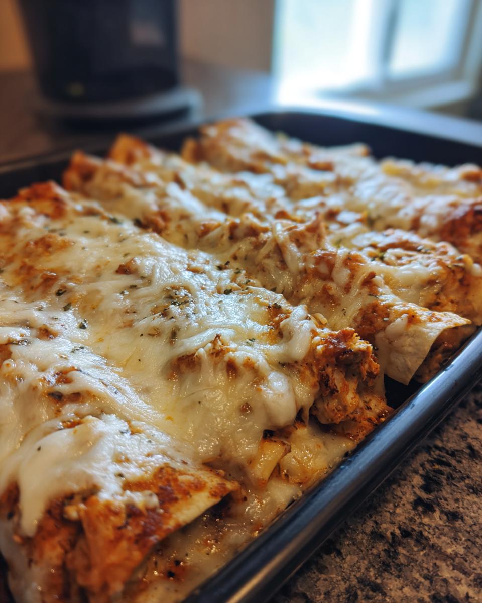 Close-up of cheesy chicken enchiladas baked in a pan, topped with melted cheese and herbs.