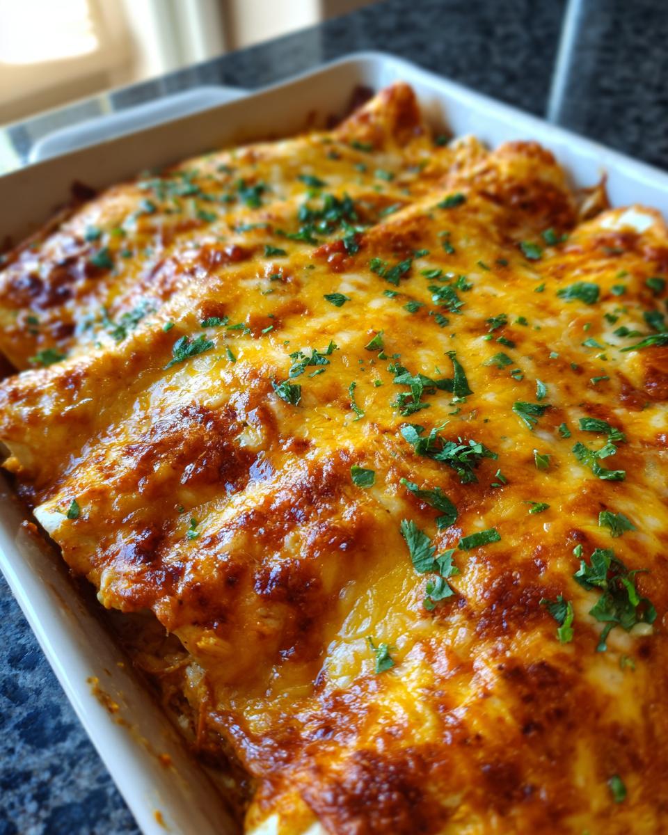 Close-up of cheesy chicken enchiladas baked in a casserole dish, topped with melted cheese and parsley.