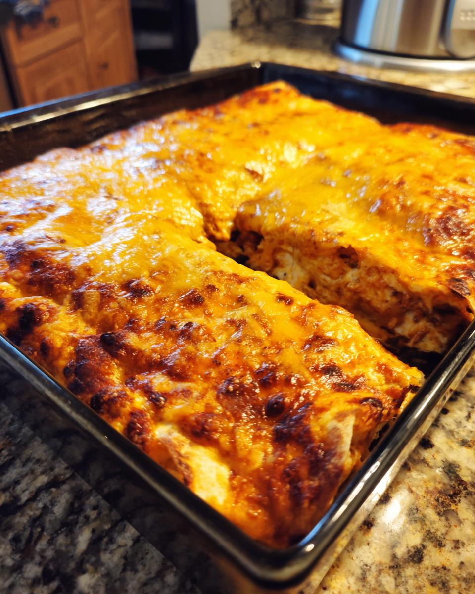 A close-up shot of golden-brown, cheesy chicken enchiladas baked in a pan.