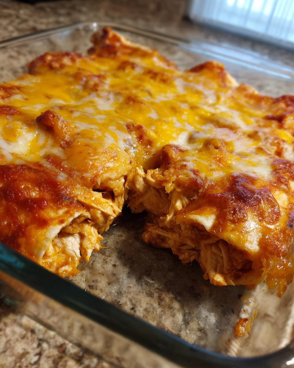 Close-up of cheesy chicken enchiladas in a glass baking dish, with a portion removed to show shredded chicken filling.