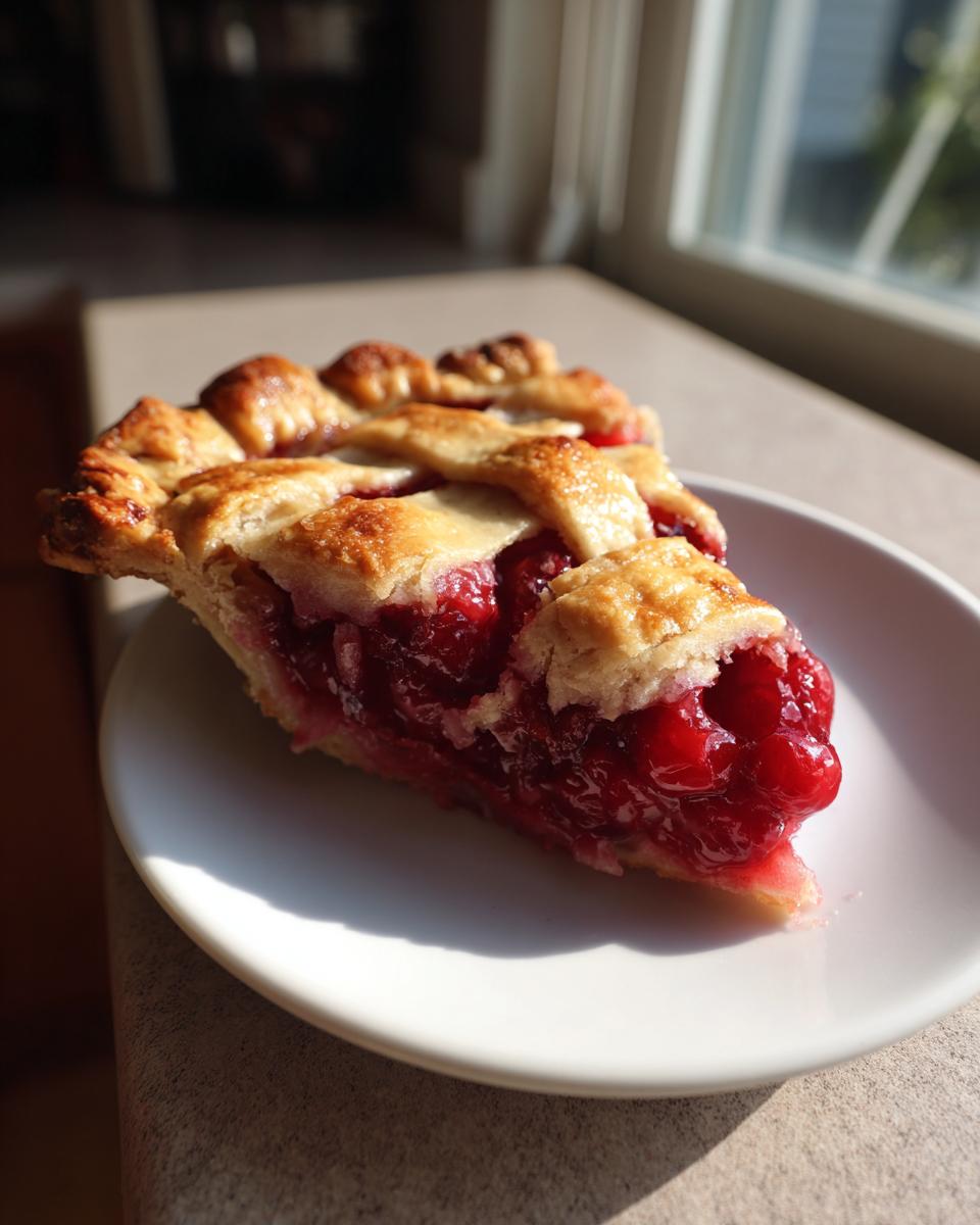 A slice of perfect cherry pie with a lattice crust, showcasing the juicy cherry filling and a hint of almond.