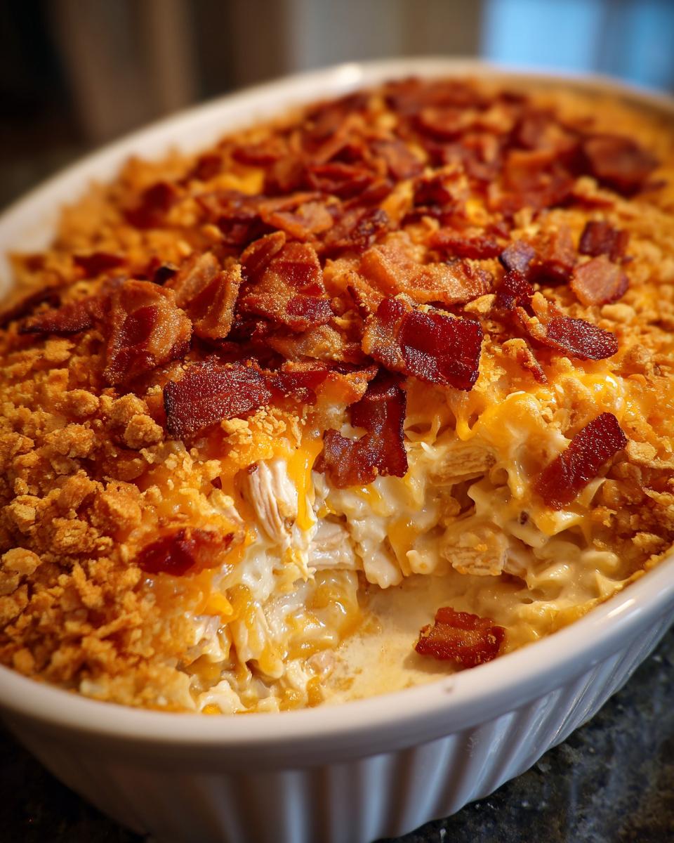 Close-up of a bubbling Chicken Bacon Ranch Casserole in a white baking dish, generously topped with crispy bacon and melted cheese.