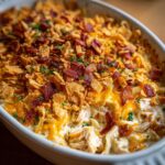 A close-up of a freshly baked chicken bacon ranch casserole in a white baking dish, topped with melted cheese, crispy bacon, and crushed chips.
