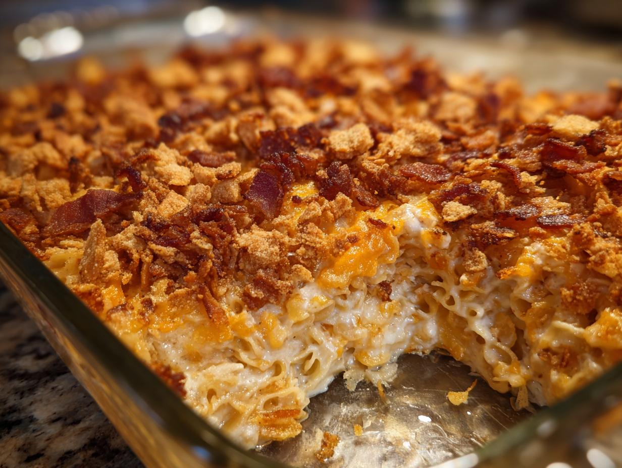 A close-up of a delicious Chicken Bacon Ranch Casserole in a glass baking dish, topped with crispy bacon and breadcrumbs.