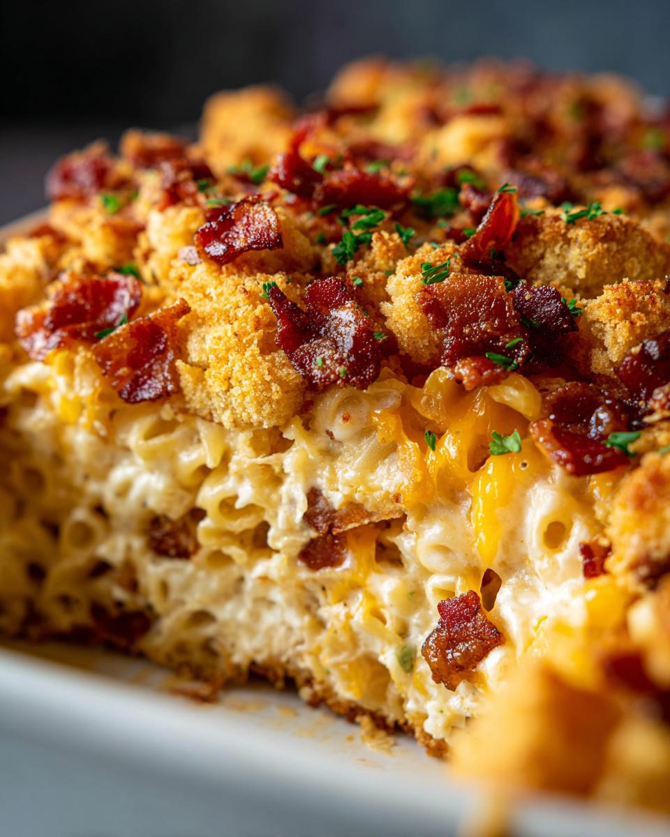 Close-up of a creamy Chicken Bacon Ranch Casserole with pasta, melted cheese, and crispy bacon topping.