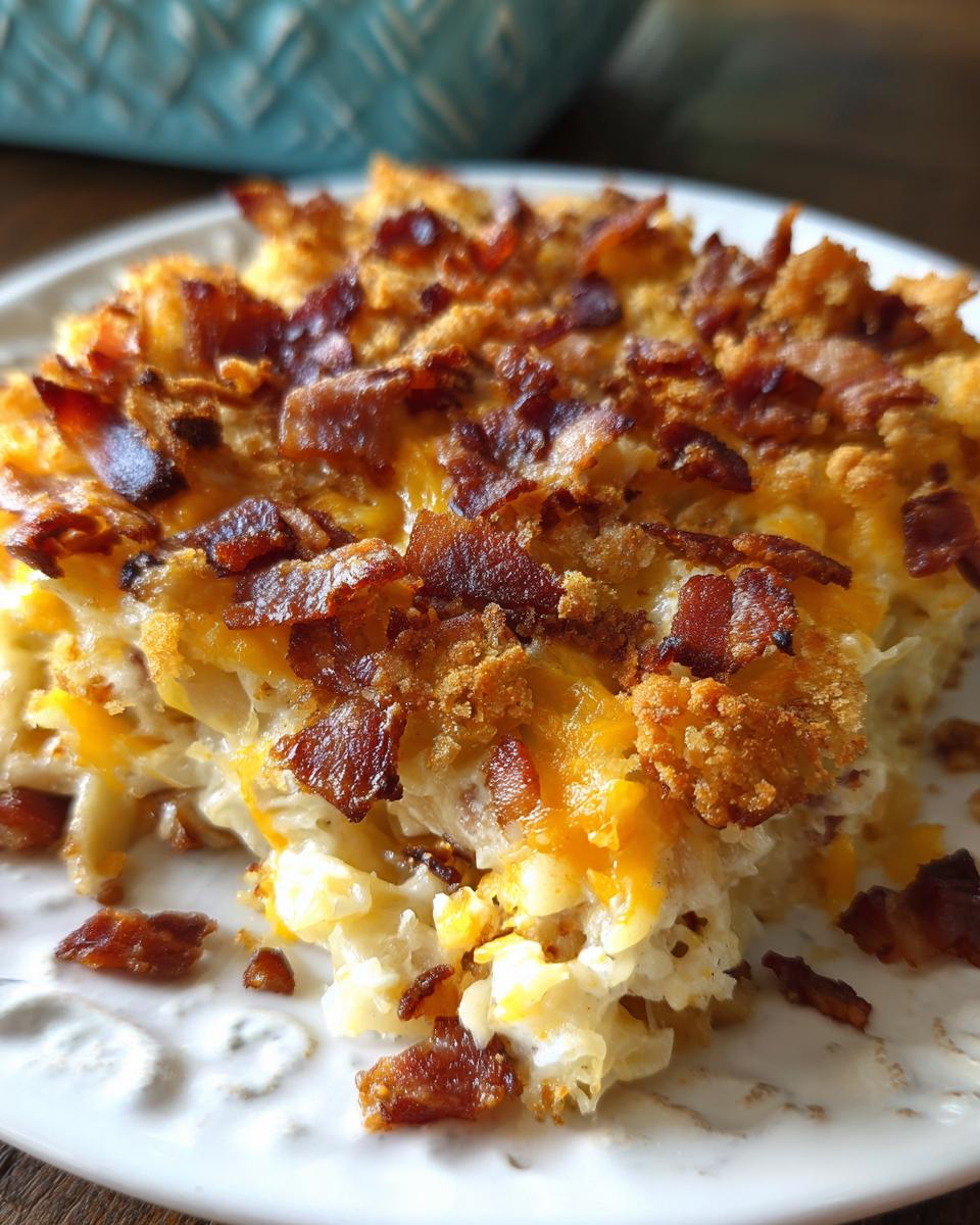 A close-up of a serving of chicken bacon ranch casserole topped with melted cheese and crispy bacon.