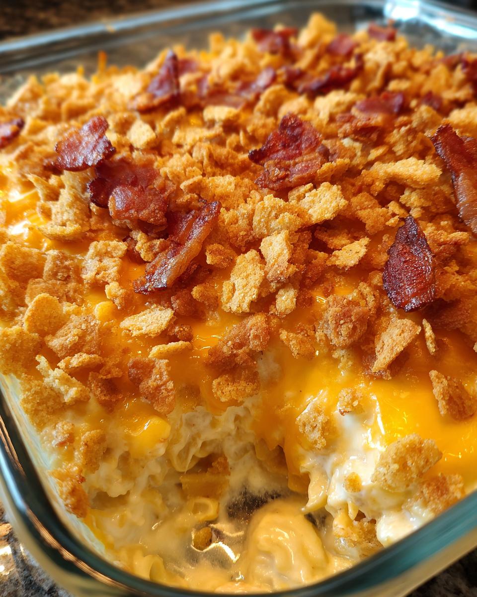 Close-up of a bubbling Chicken Bacon Ranch Casserole topped with melted cheese, crispy breadcrumbs, and bacon pieces.