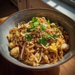 A close-up of a bowl filled with flavorful Chicken Pad Thai, garnished with cilantro and peanuts.