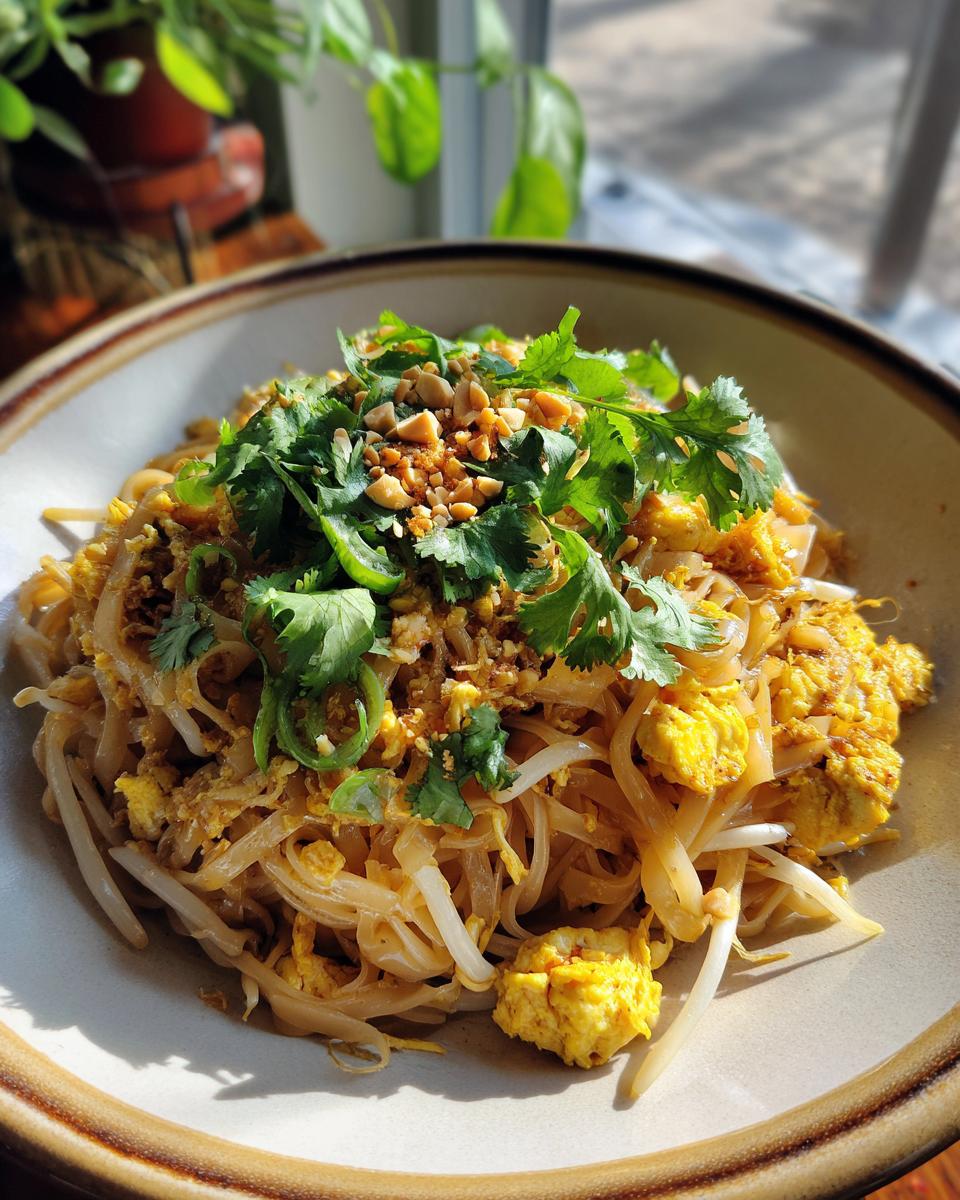 A close-up of a bowl of Chicken Pad Thai, featuring rice noodles, scrambled egg, bean sprouts, and a generous topping of crushed peanuts and fresh cilantro.