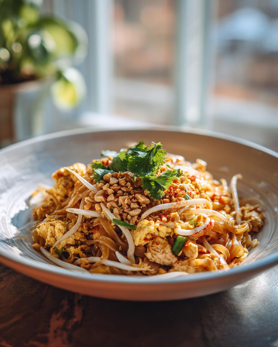 A close-up of a bowl of Chicken Pad Thai, featuring noodles, scrambled egg, bean sprouts, peanuts, and cilantro.