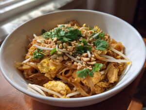 A close-up of a white bowl filled with delicious Chicken Pad Thai noodles, topped with peanuts, bean sprouts, and cilantro.