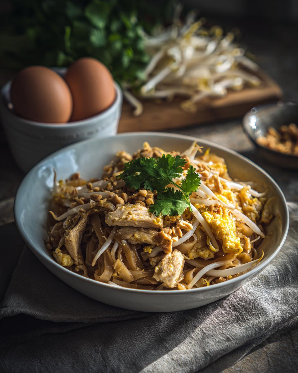 A close-up of a bowl of Chicken Pad Thai, featuring rice noodles, chicken, bean sprouts, and peanuts, garnished with cilantro.