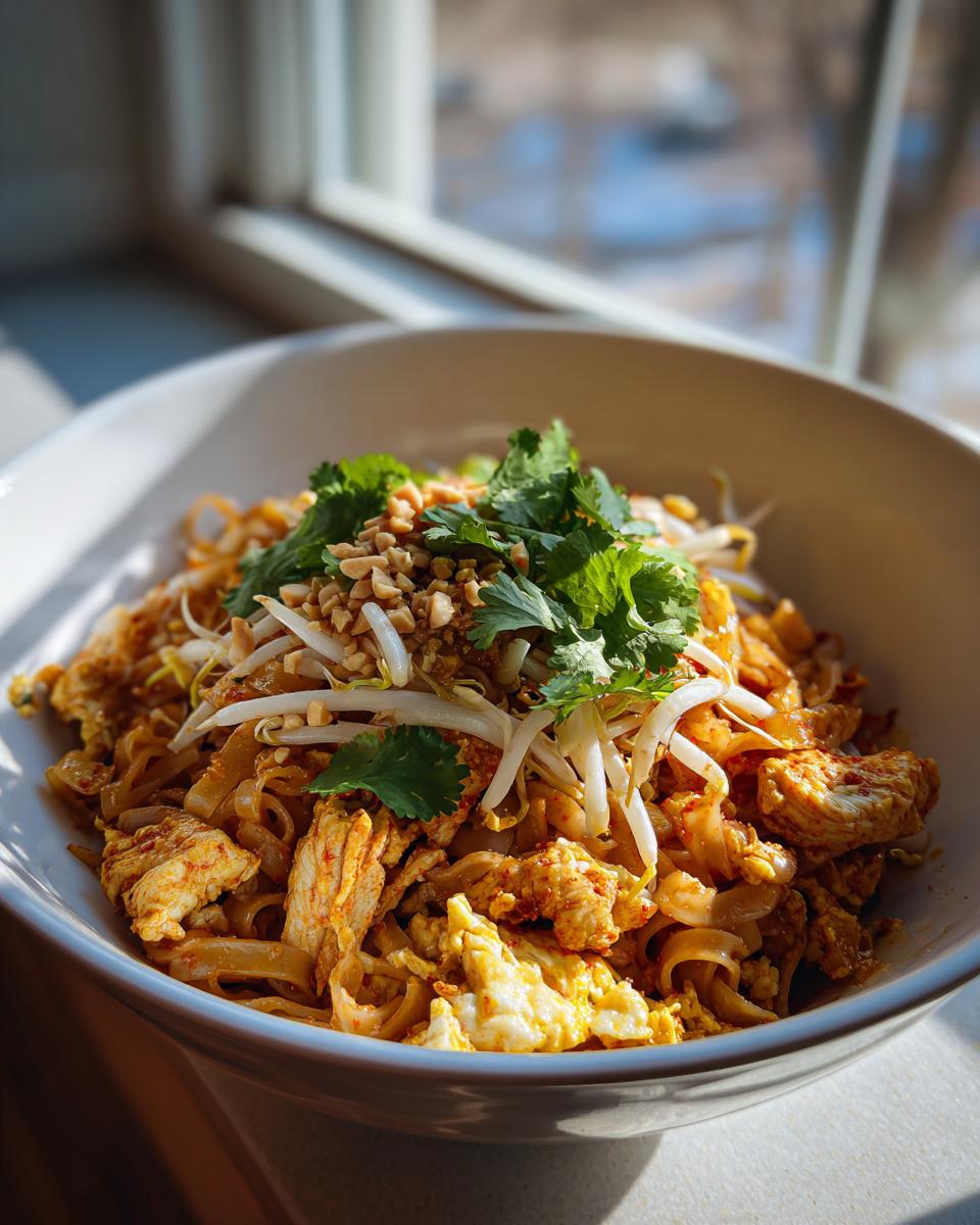 A close-up of a bowl of Chicken Pad Thai, featuring noodles, chicken, scrambled egg, bean sprouts, peanuts, and cilantro.