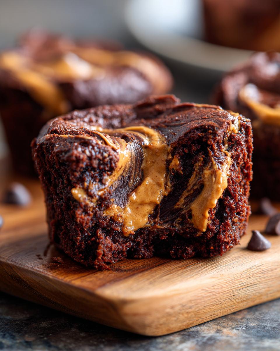 A decadent chocolate protein mug cake swirled with peanut butter, served on a wooden board with chocolate chips.