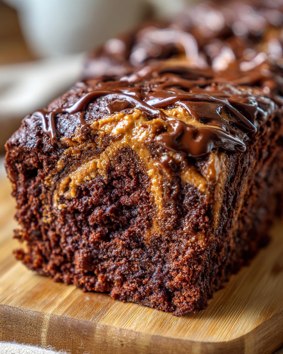 Close-up of a rich chocolate protein mug cake swirled with peanut butter and drizzled with chocolate.
