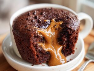 A rich chocolate protein mug cake with a gooey caramel center and chocolate chips, served in a white mug.
