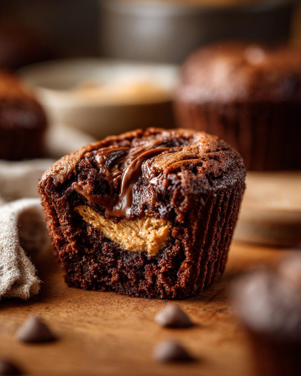 A cross-section of a rich chocolate protein mug cake filled with creamy peanut butter and topped with melted chocolate.