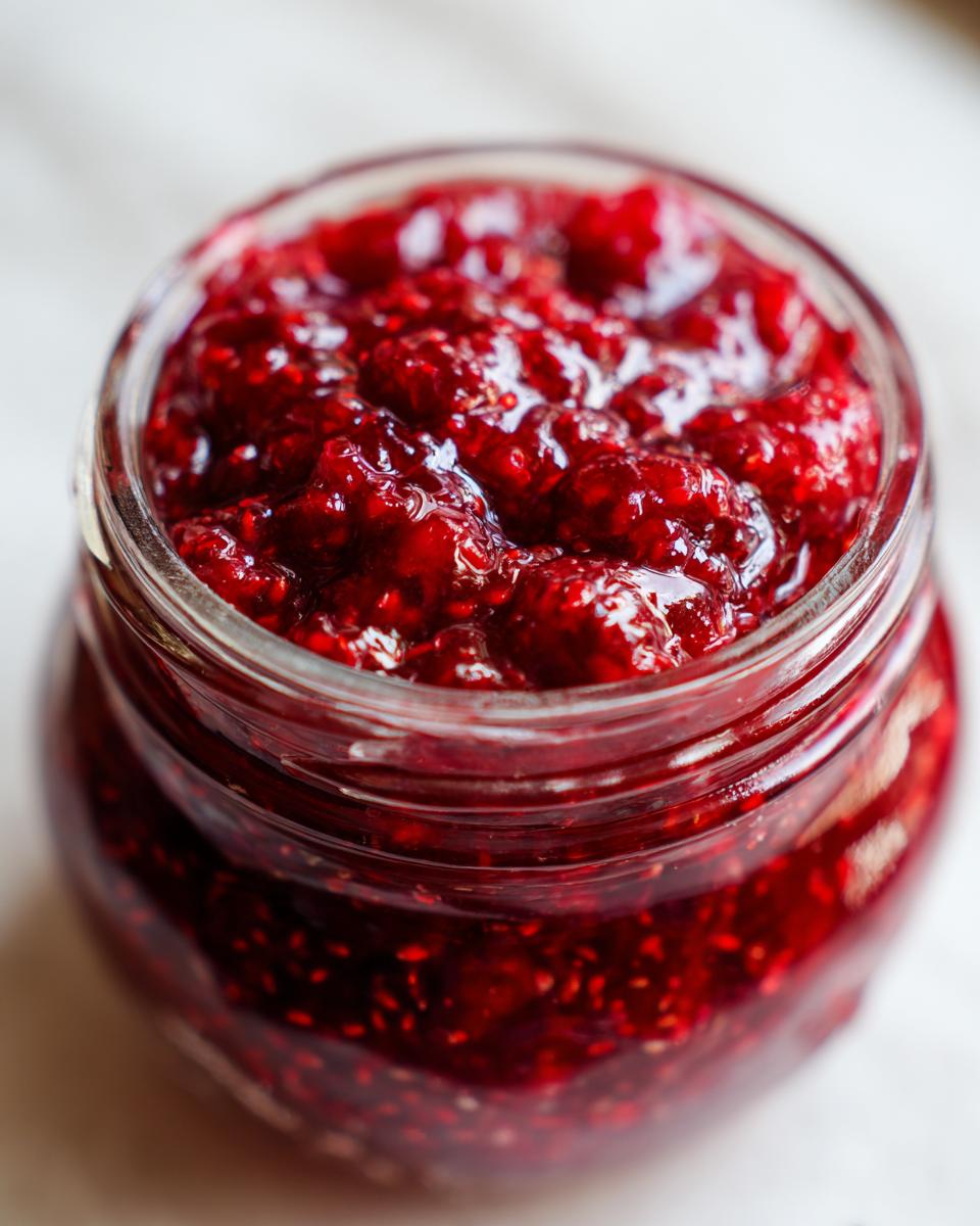 Close-up of a glass jar filled with vibrant red Christmas jam, showing the texture of berries and seeds.