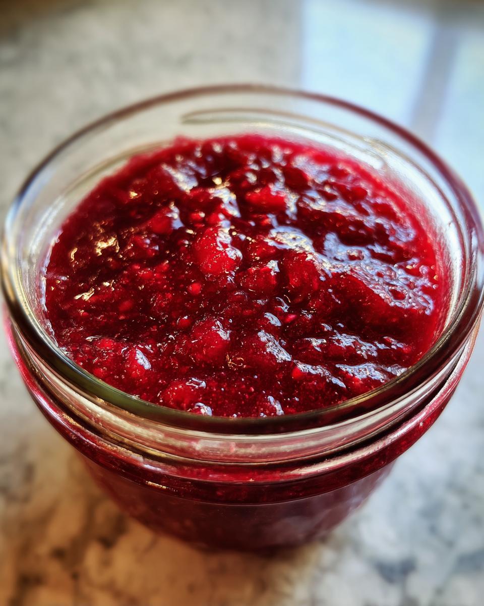 Close-up of a glass jar filled with vibrant red Christmas jam, showcasing its texture.